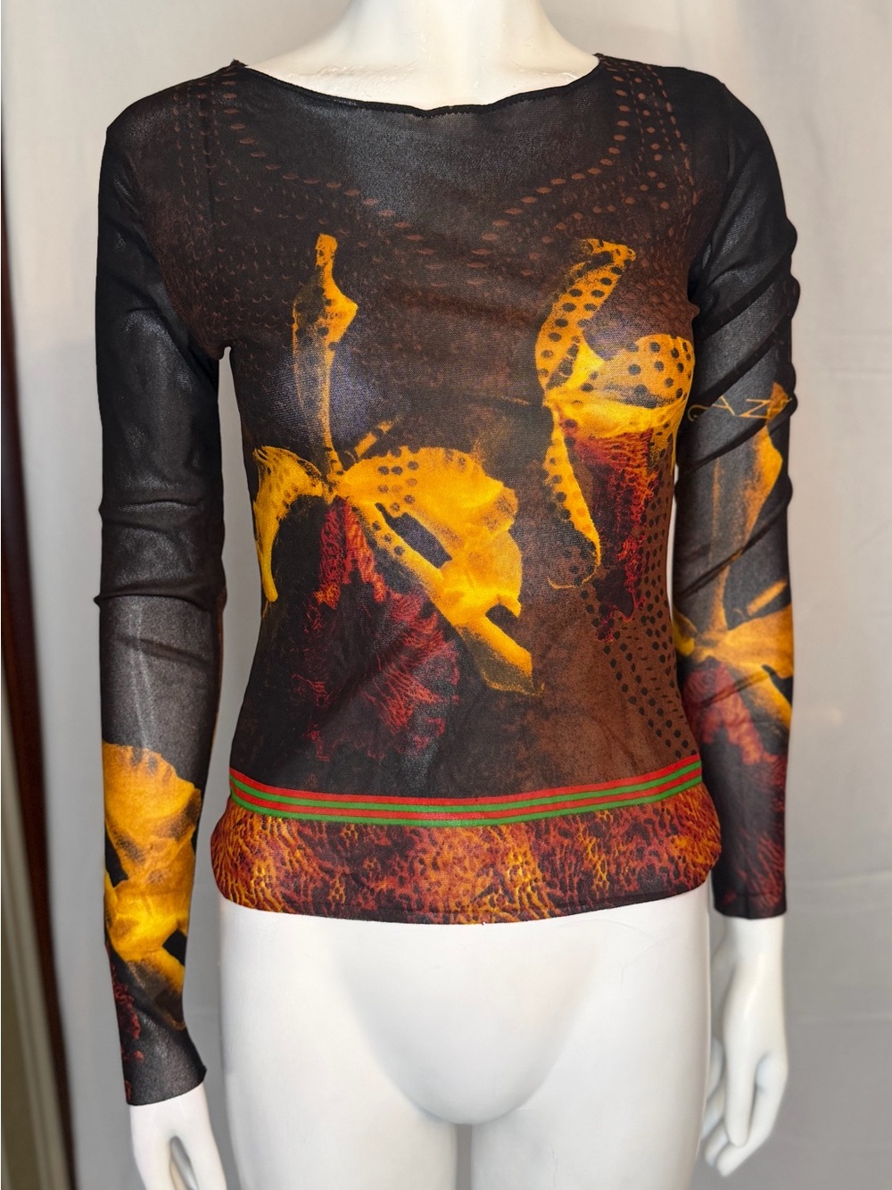 Women’s Black Long-Sleeve Floral Print Tee with Yellow Accents